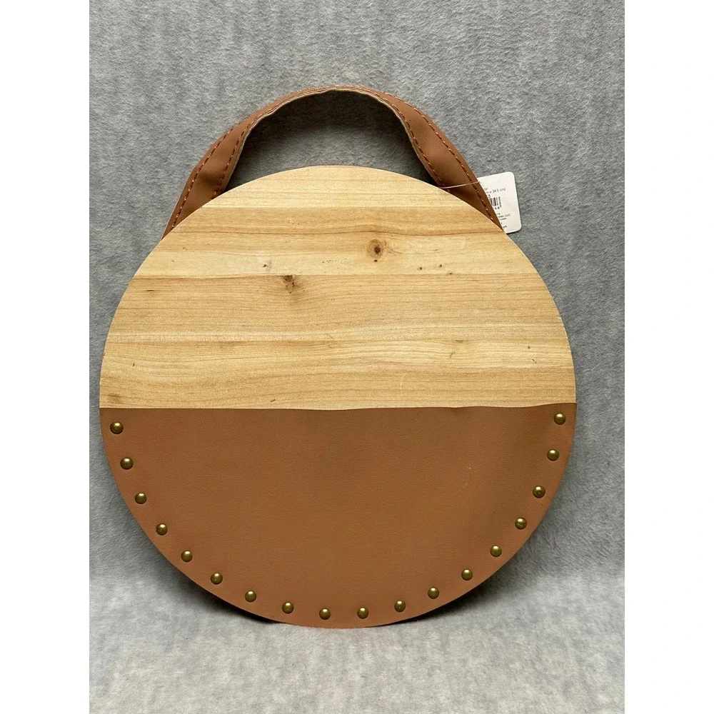 Place & Time Wall Decor Mail Organizer Wood Faux Leather Studded Round 13.6in